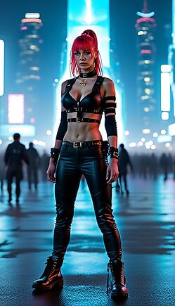 Neon Cyberpunk Street Warrior in Rain-Soaked City