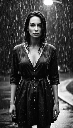 Brunette Drenched in Black Dress: Moody Rainy Night Portrait