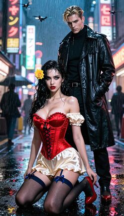 Neon Rain Seduction – Corset & Trenchcoat