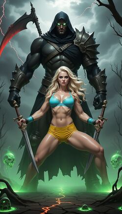 Blonde Warrior Facing Shadow Reaper in Hellscape