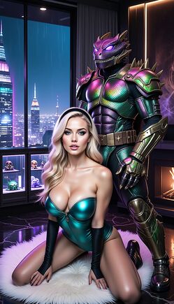 Turquoise Bombshell Kneeling Before Reptilian Cyber-Ninja