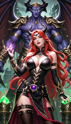 Crimson Sorceress Before Demonic Warlord Throne