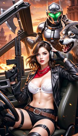 Fierce Brunette Shotgun Driver in Hellfire Wasteland