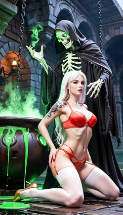 Blonde Seductress and Glowing Skeleton Necromancer
