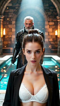 Modern Muse and Armored Guardian in Ancient Chamber