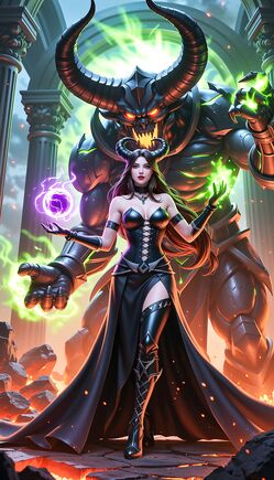 Sorceress Wielding Chaos Before Infernal Colossus