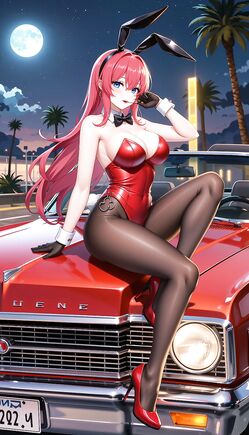 Neon Moon Bunny on Vintage Red Convertible
