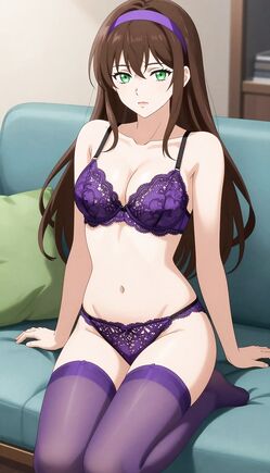 Confident Violet Lace Beauty on Modern Couch