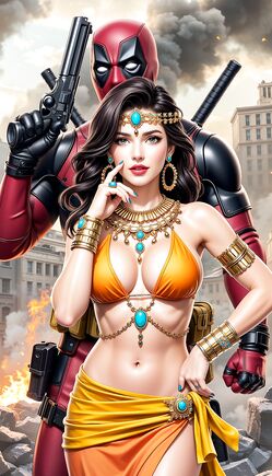 Exotic Golden Queen Posing with Deadpool in Ruins