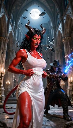 Demoness vs Vampire Hunter in Ruined Cathedral