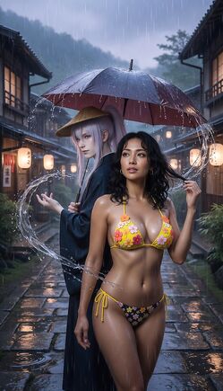 Bikini Beauty in Japanese Rain with Umbrella