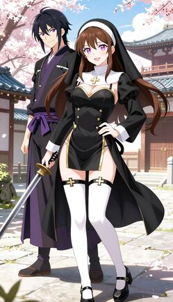 Seductive Nun and Samurai in Cherry Blossoms
