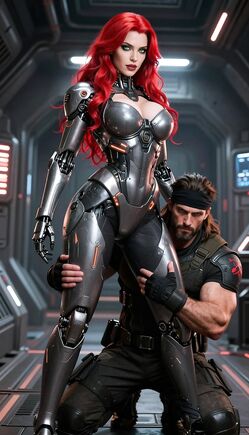 Redhead Cyborg Dominance in Spaceship Corridor