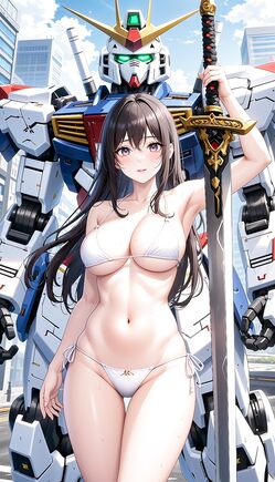 Asian Beauty Posing with Giant Mecha Warrior