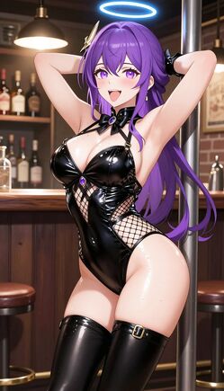 Purple Haired Anime Girl Pole Dancing in Bar