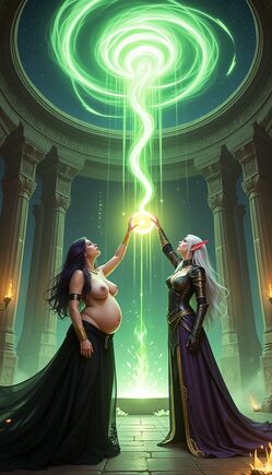 Dark Sorceress and Elf Mage Channeling Green Magic