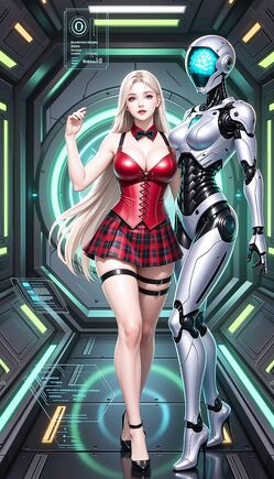 Blonde Corset Beauty with Android in Spaceship