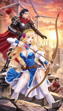 Post-Apocalyptic Blonde Archer on Rooftop Sunset