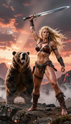 Blonde Barbarian Warrior Faces Roaring Bear at Sunset