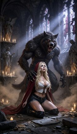 Blonde Red Riding Hood Kneels Before Massive Werewolf