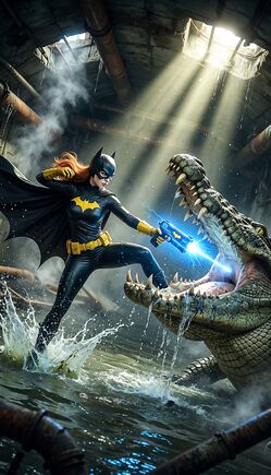 Batgirl vs Giant Crocodile in Sewer