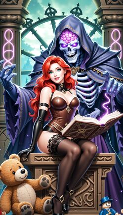 Seductive Redhead Sorceress with Brain Lich Necromancer