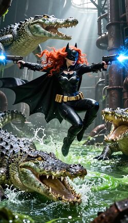 Redhead Batgirl vs Giant Sewer Crocodiles