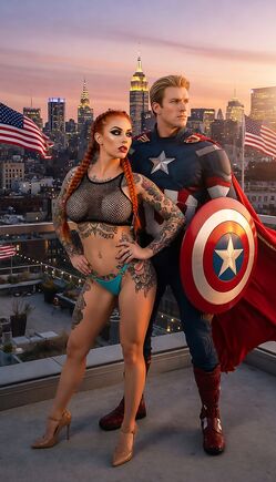 Redhead and Captain America Rooftop Duo