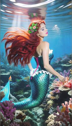 Enchanting Red-Haired Mermaid Underwater Coral Reef Seductive Swim Tease
