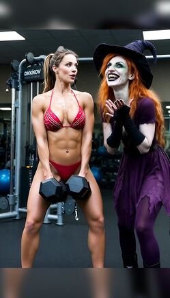 Fit Bikini Babe Deep Squats as Creepy Witch Sneaks Up in Gym