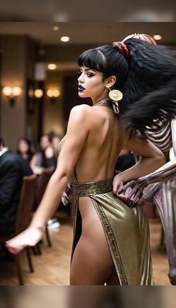 Exotic Brunette in Golden Dress Surrounded by Terrifying Skeletal Undead in Grand Hall