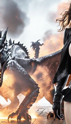 Busty Brunette Warrior Topless Among Giant Fire-Breathing Dragons in Epic Battlefield
