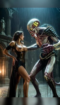 Seductive Brunette Passionately Kisses Skeletal Undead Monster in Gothic Cathedral