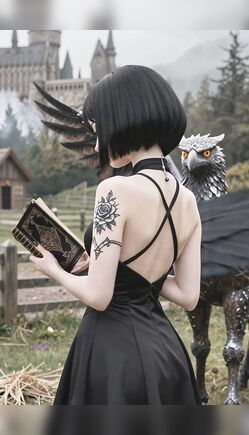 Gothic Winged Girl Spellbook Tease with Griffin Fantasy Seduction