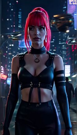 Cyberpunk Redhead Vixen Teases in Neon-Lit City Street Fantasy