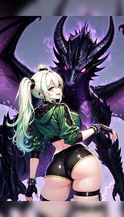 Green-Haired Anime Babe Teases Massive Purple Dragon Monster Fantasy