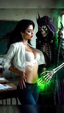 Busty Brunette Teacher Teased by Glowing Skeleton Monster in Classroom