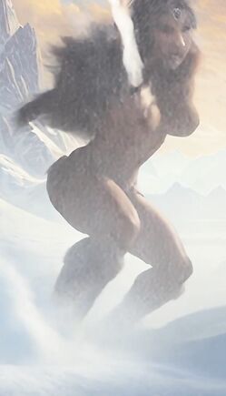 Busty Nude Barbarian Warrior Runs with Axes in Epic Snowy Mountains