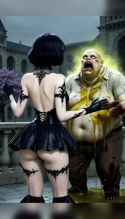 Goth Brunette Teases Slime Zombie Monster in Fantasy Scene