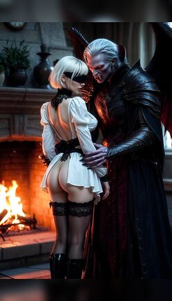 Blindfolded White-Haired Maid Teased by Horned Vampire Lord