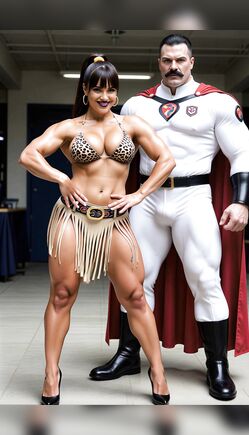 Muscular Leopard Bikini Tease with Caped Superhero