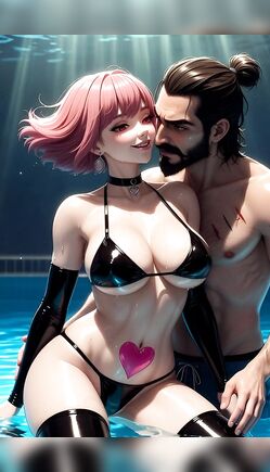 Anime Pool Romance Scene with Pink-Haired Girl