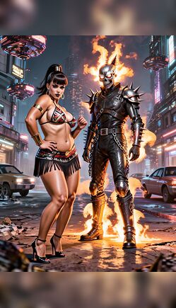 Muscular Bikini Temptress with Flaming Ghost Rider