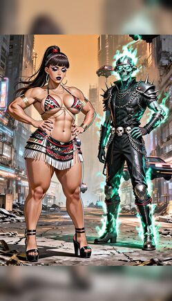 Muscular Patterned Bikini Tease with Green Flame Rider