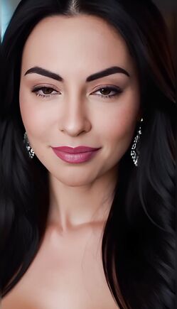 Captivating Brunette Model Close Up Portrait in Blue Satin Gown