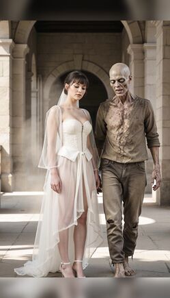 Beautiful Bride Standing Next To Terrifying Zombie In Old Courtyard