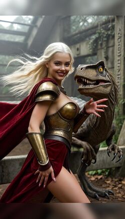 Seductive Blonde Warrior's Erotic Bond with Fierce Velociraptor