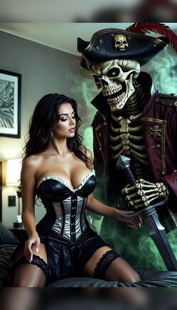 Beautiful Woman In Corset Posing With Skeleton Ghost Pirate
