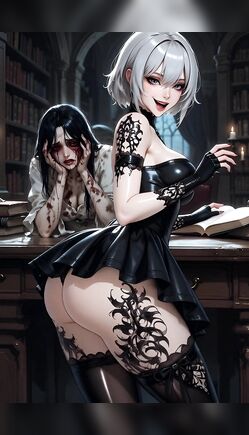 Beautiful Anime Girl In Black Corset In Dark Haunted Library