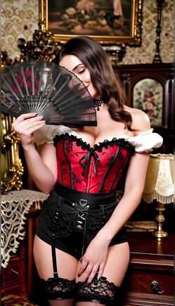 Voluptuous Brunette's Seductive Fan Tease in Red Corset